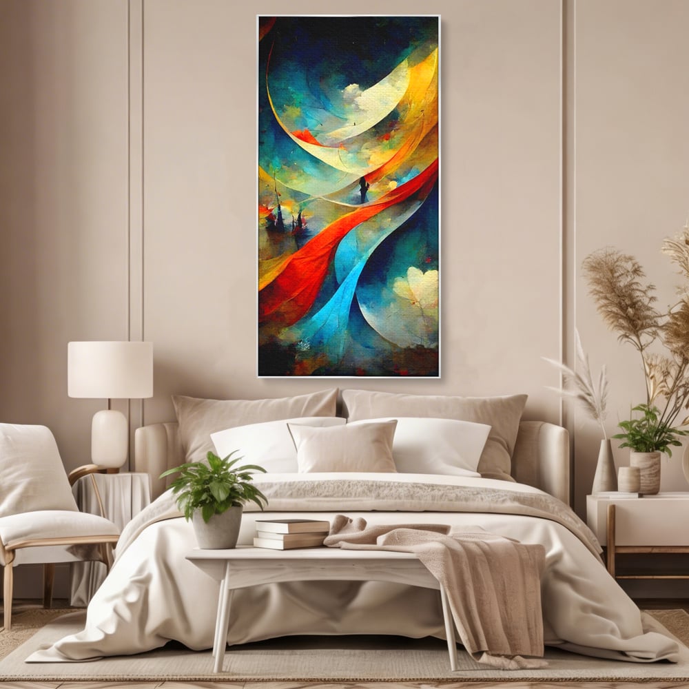 Tablou canvas cu pictura abstracta cu valuri colorate, in rama de aluminiu argintiu, pe perete intr-un dormitor